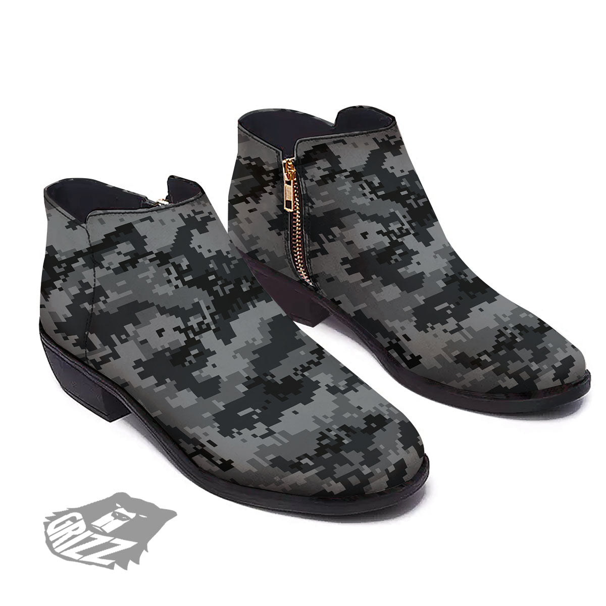 Digital Camo Grey And Black Print Ankle Boots-grizzshop