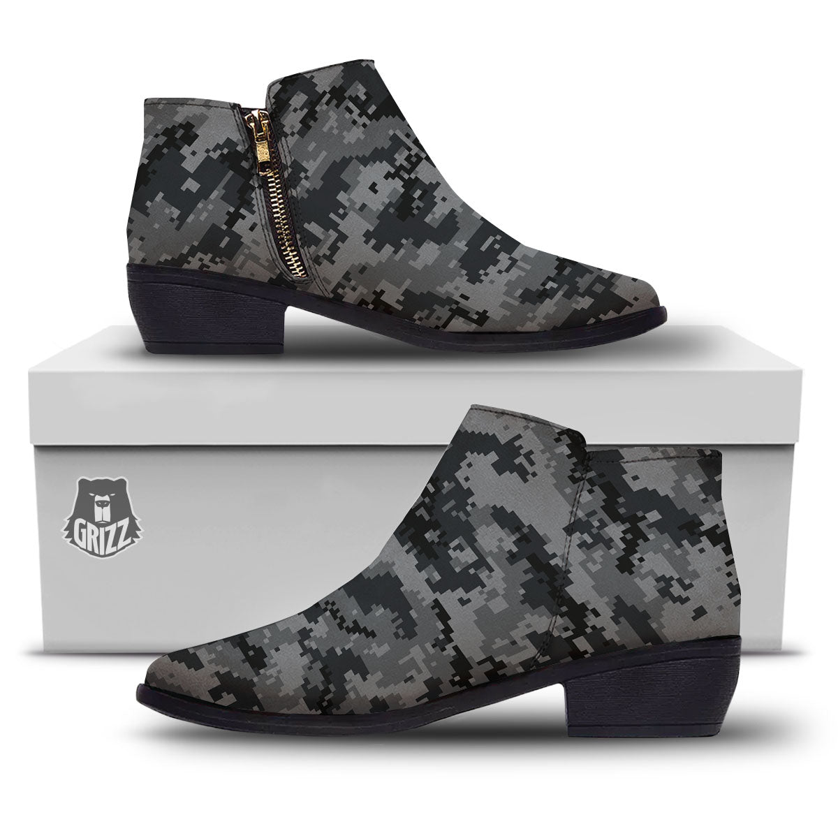 Digital Camo Grey And Black Print Ankle Boots-grizzshop