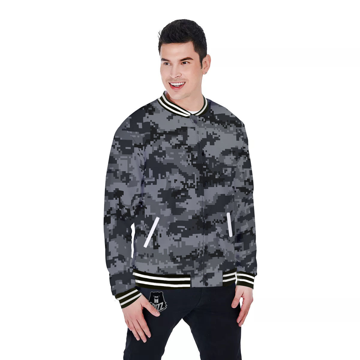 Digital Camo Grey And Black Print Baseball Jacket-grizzshop