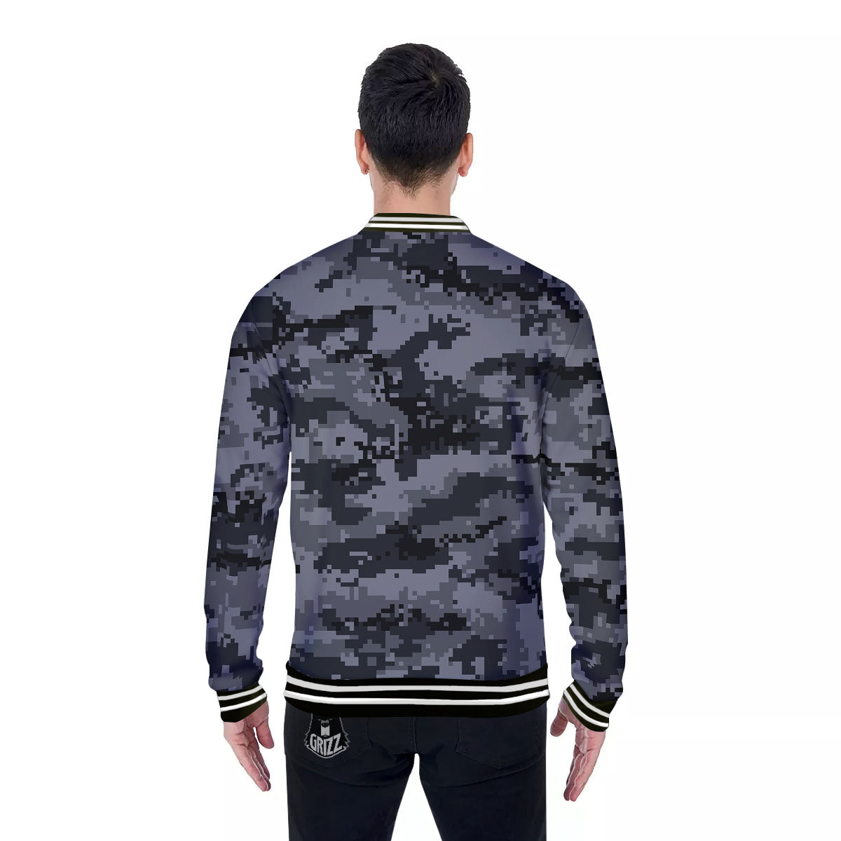 Digital Camo Grey And Black Print Baseball Jacket-grizzshop