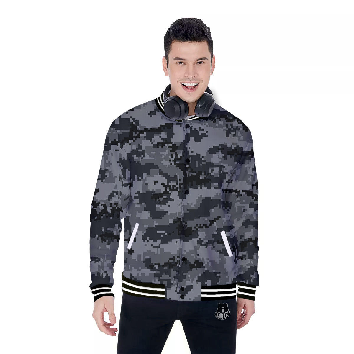 Digital Camo Grey And Black Print Baseball Jacket-grizzshop