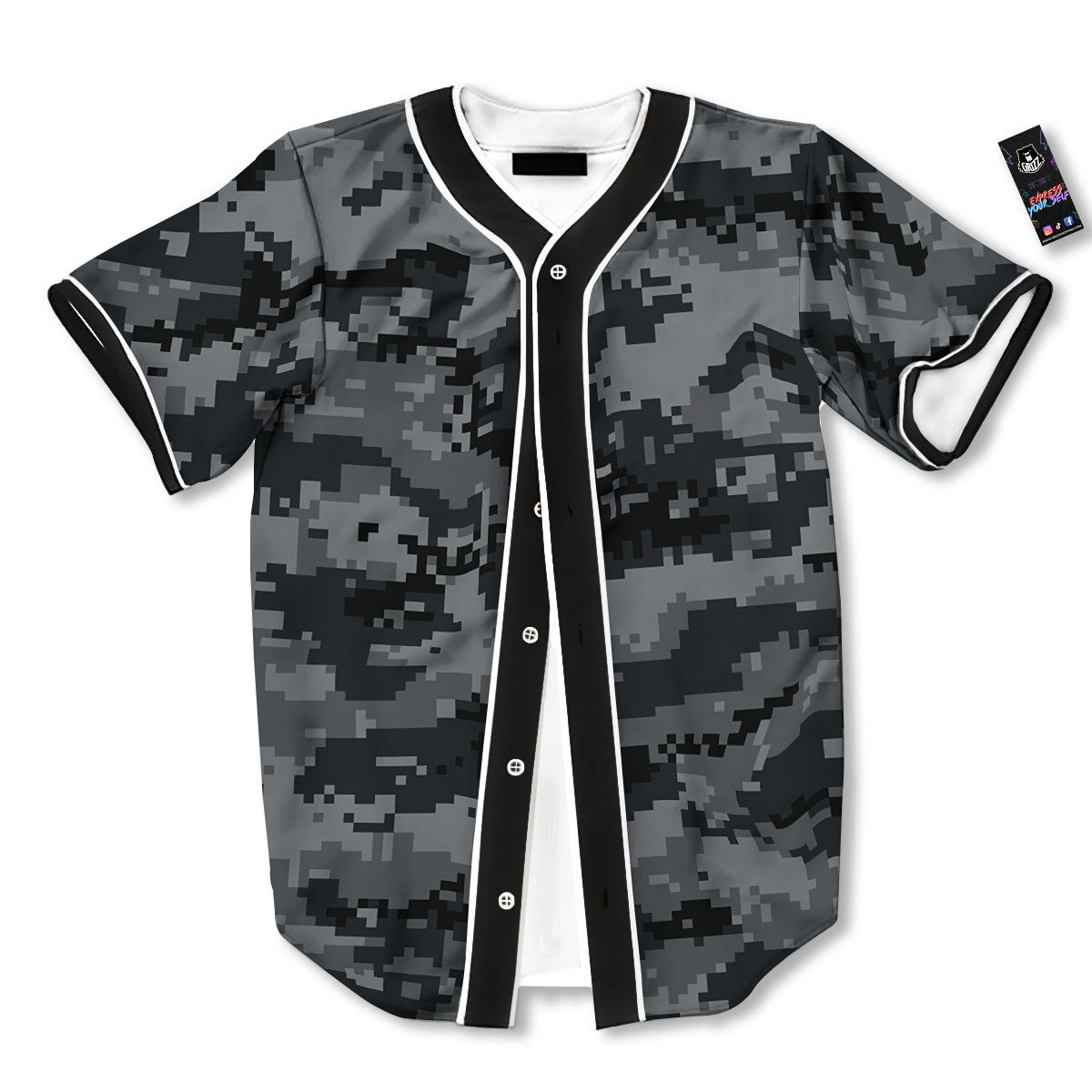 Digital Camo Grey And Black Print Baseball Jersey-grizzshop