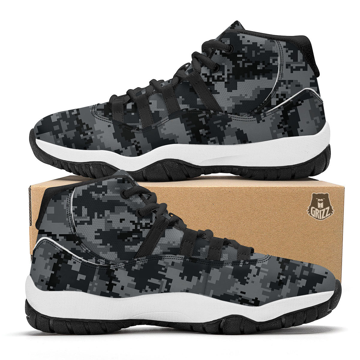 Digital Camo Grey And Black Print Black Bball Shoes-grizzshop