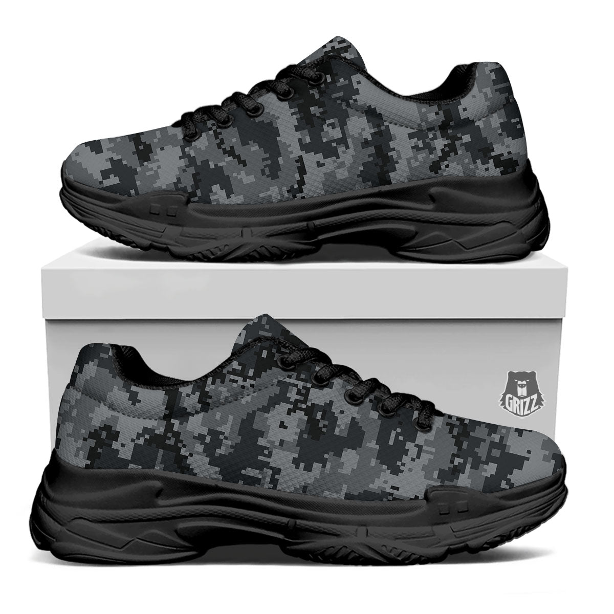 Digital Camo Grey And Black Print Black Chunky Shoes-grizzshop