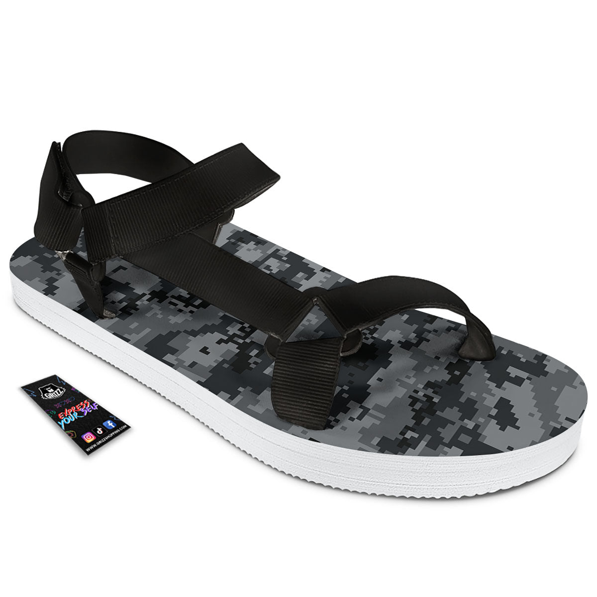 Digital Camo Grey And Black Print Black Open Toe Sandals-grizzshop