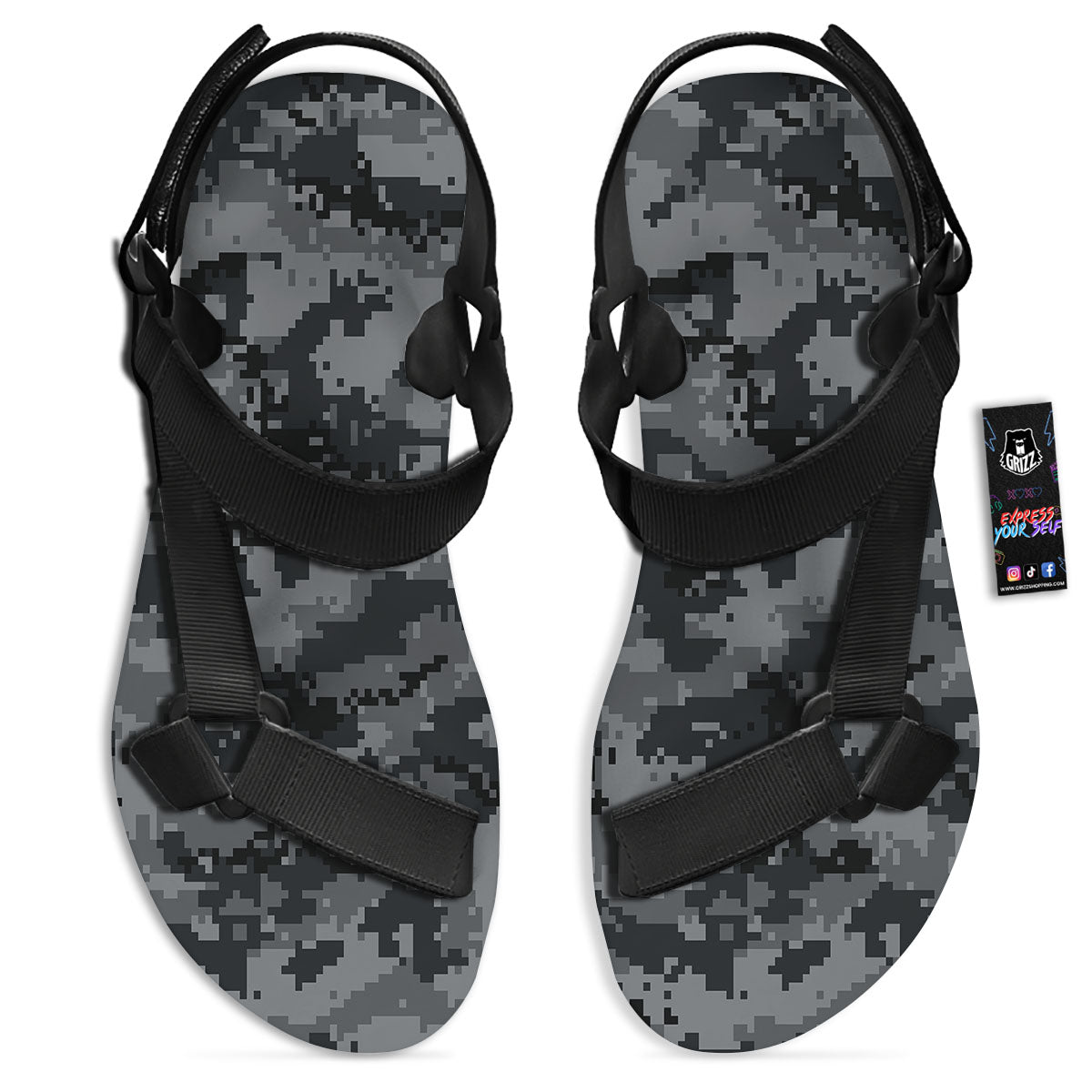 Digital Camo Grey And Black Print Black Open Toe Sandals-grizzshop