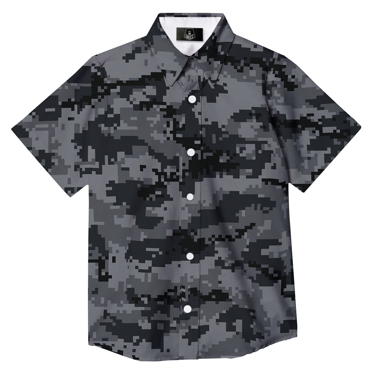 Digital Camo Grey And Black Print Button Up Shirt-grizzshop