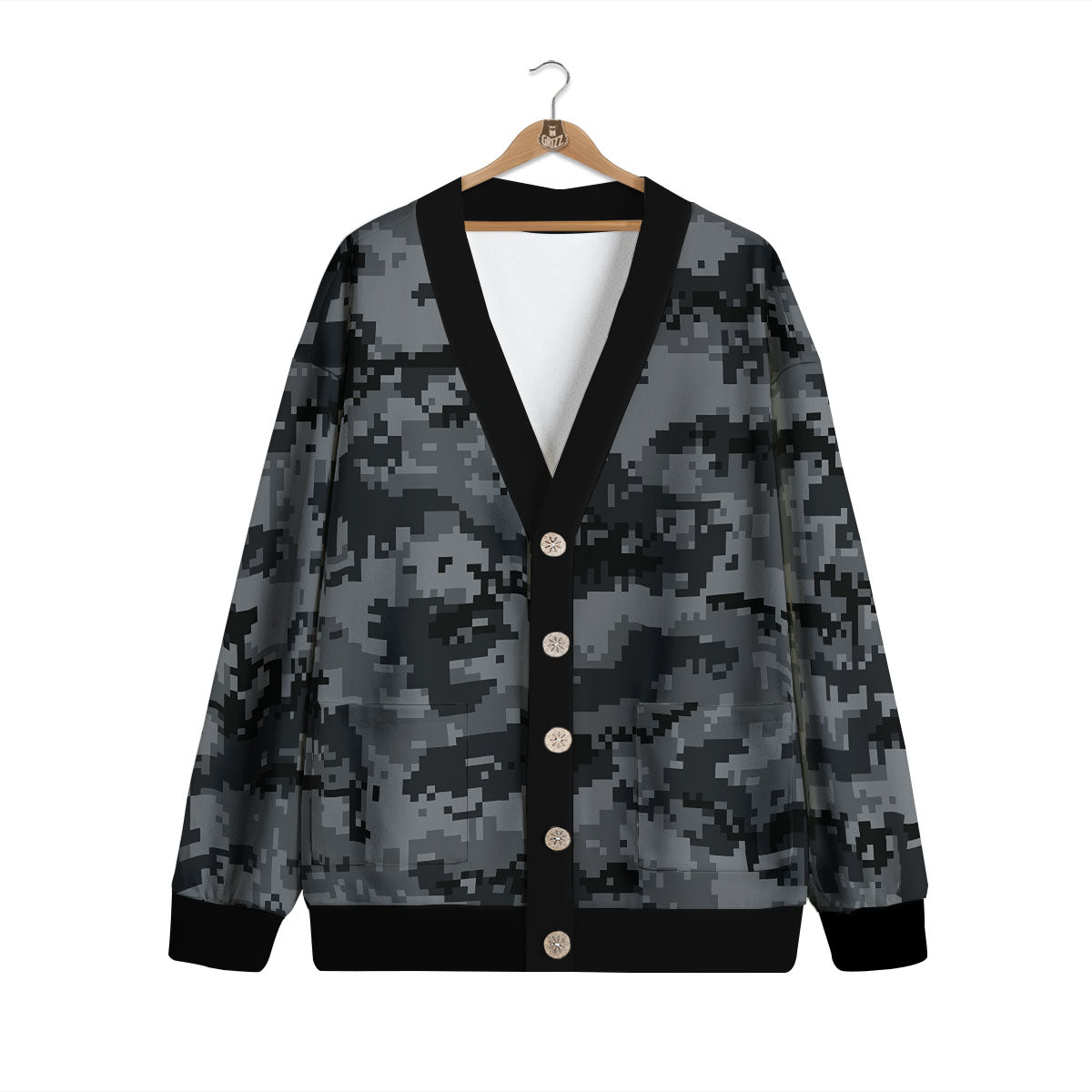 Digital Camo Grey And Black Print Cardigan-grizzshop