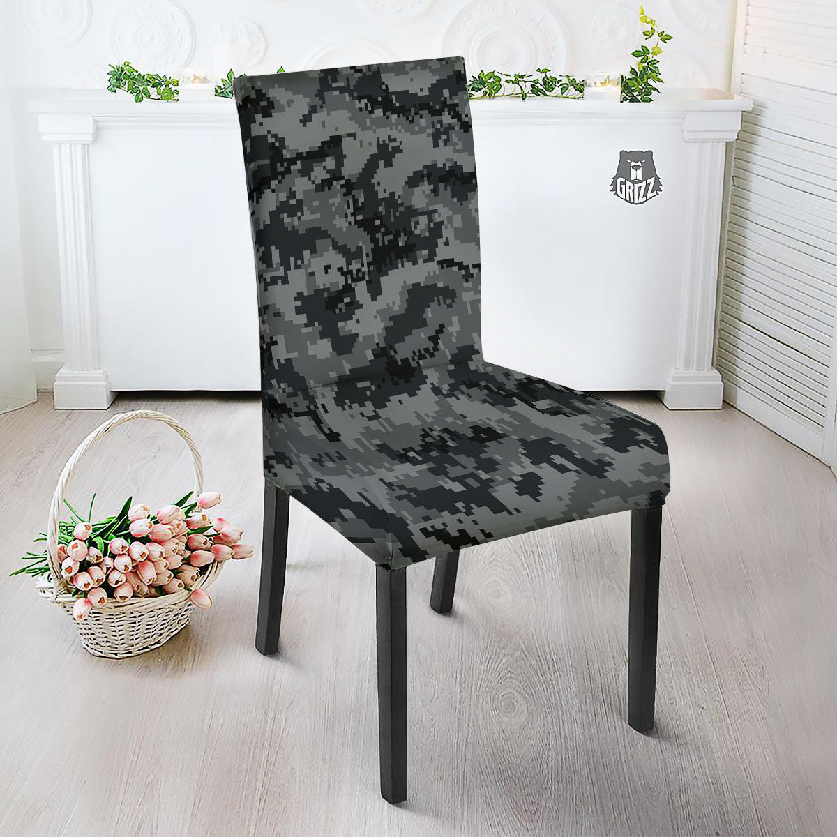 Digital Camo Grey And Black Print Dining Chair Slipcover-grizzshop