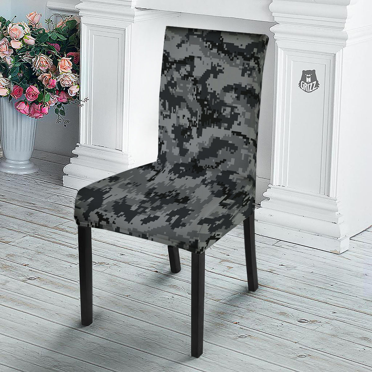 Digital Camo Grey And Black Print Dining Chair Slipcover-grizzshop