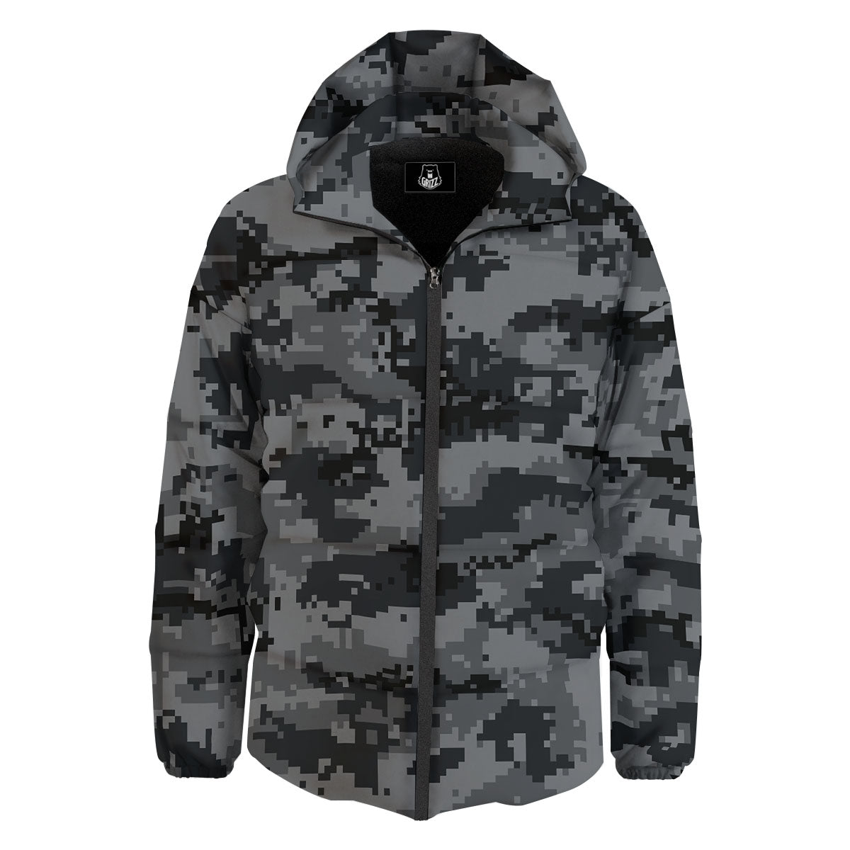 Digital Camo Grey And Black Print Down Jacket-grizzshop