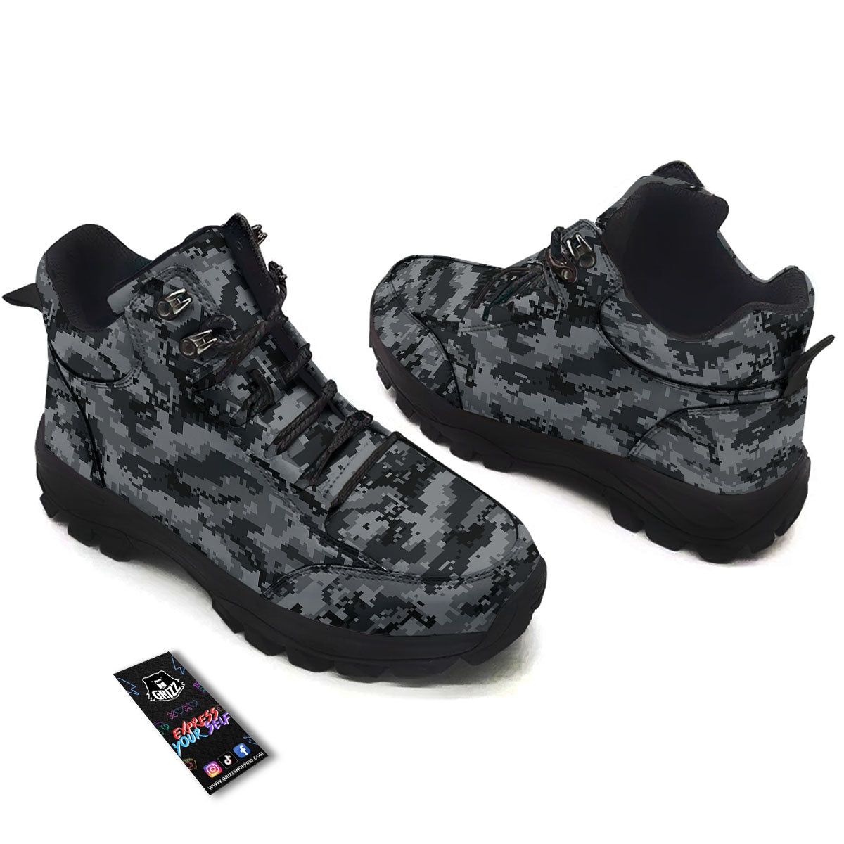 Digital Camo Grey And Black Print Hiking Shoes-grizzshop