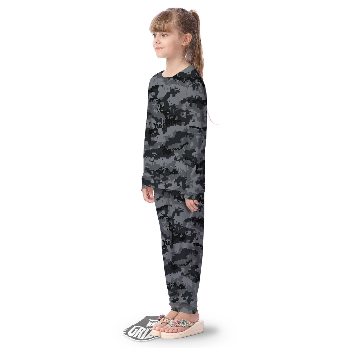Digital Camo Grey And Black Print Kid's Pajamas-grizzshop