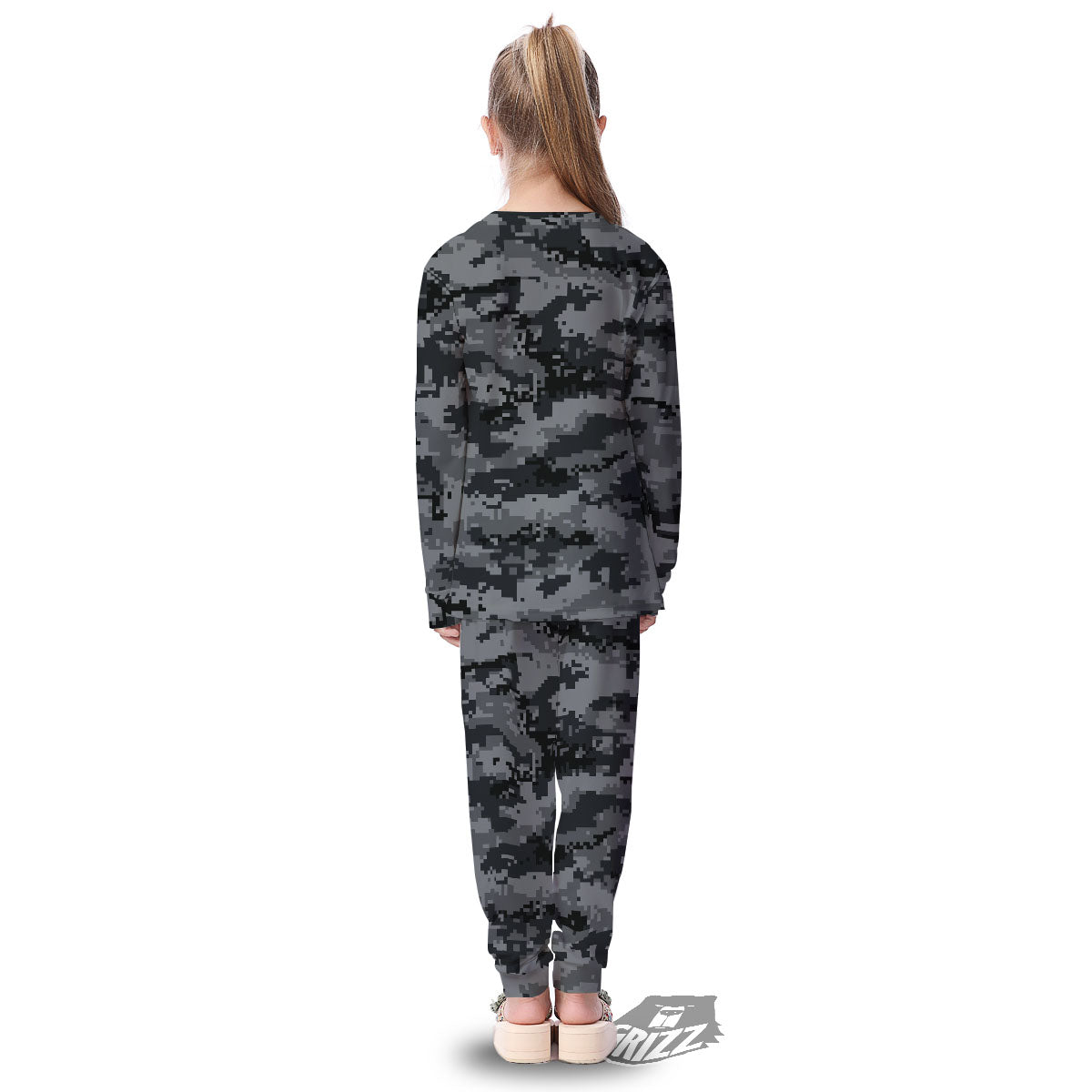 Digital Camo Grey And Black Print Kid's Pajamas-grizzshop