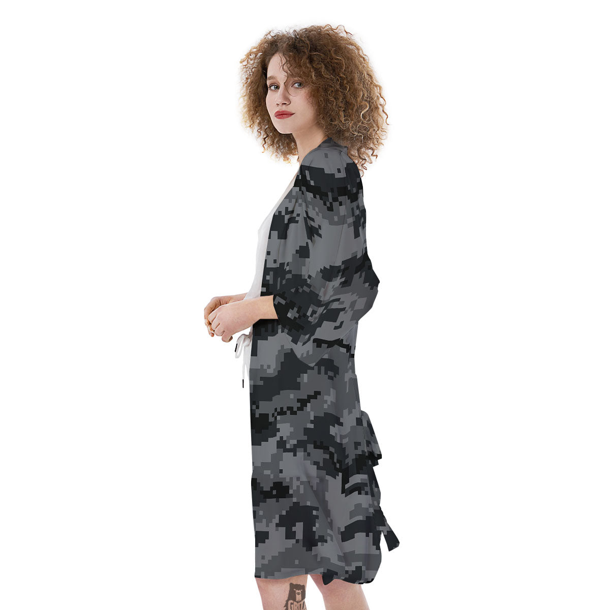 Digital Camo Grey And Black Print Kimono-grizzshop