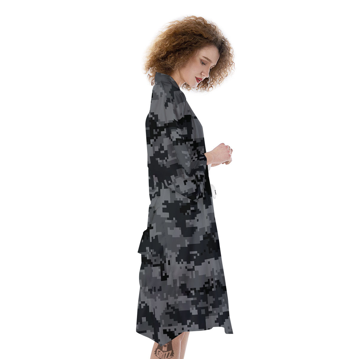 Digital Camo Grey And Black Print Kimono-grizzshop