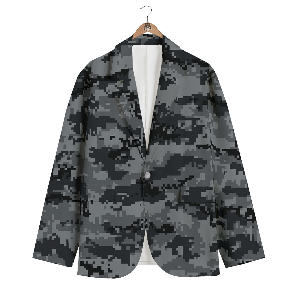 Digital Camo Grey And Black Print Men's Blazer-grizzshop