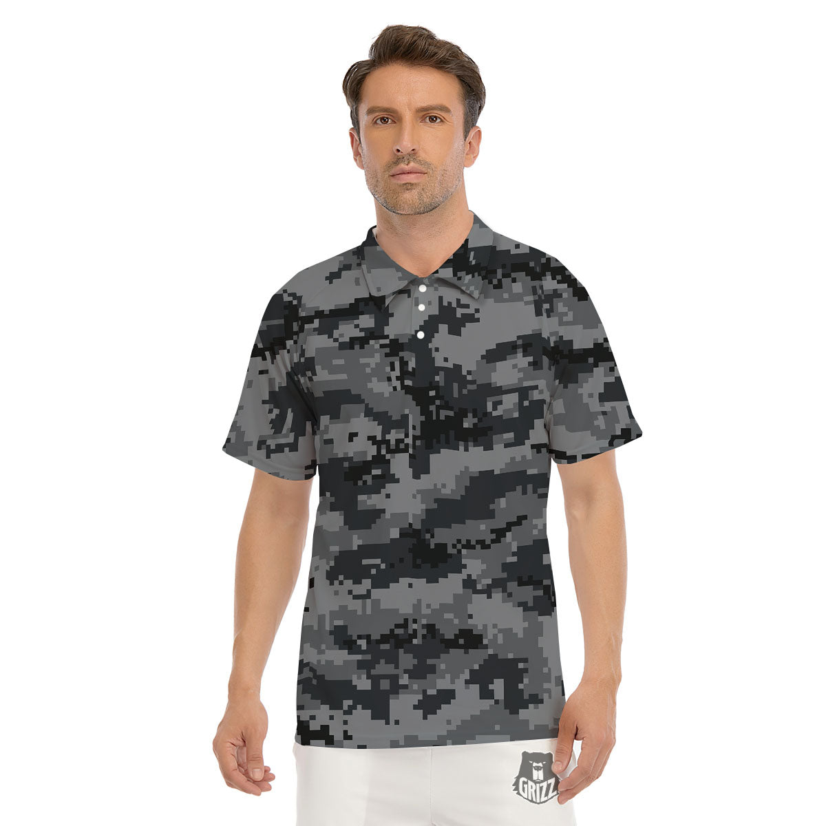 Digital Camo Grey And Black Print Men's Golf Shirts-grizzshop
