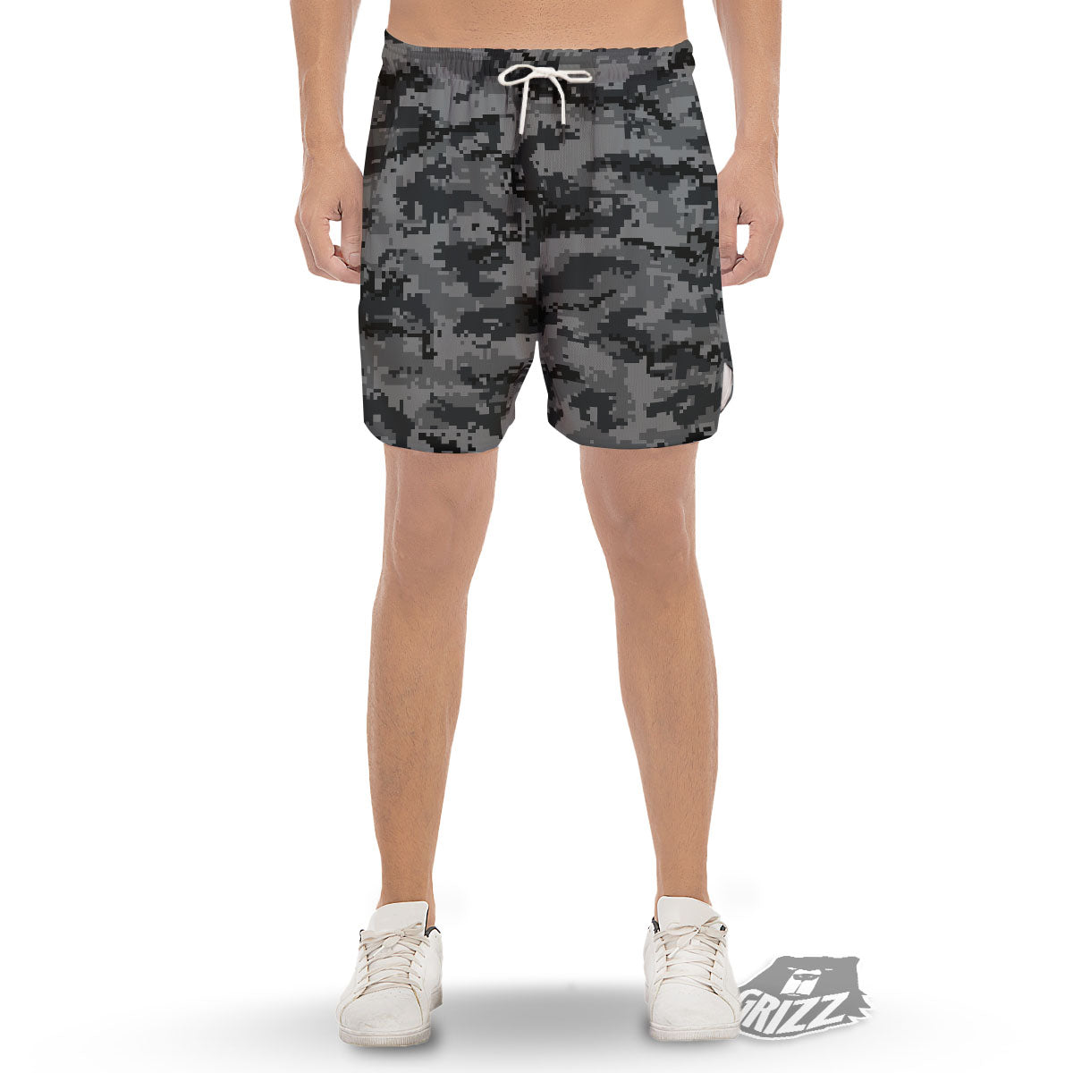 Digital Camo Grey And Black Print Men's Gym Shorts-grizzshop