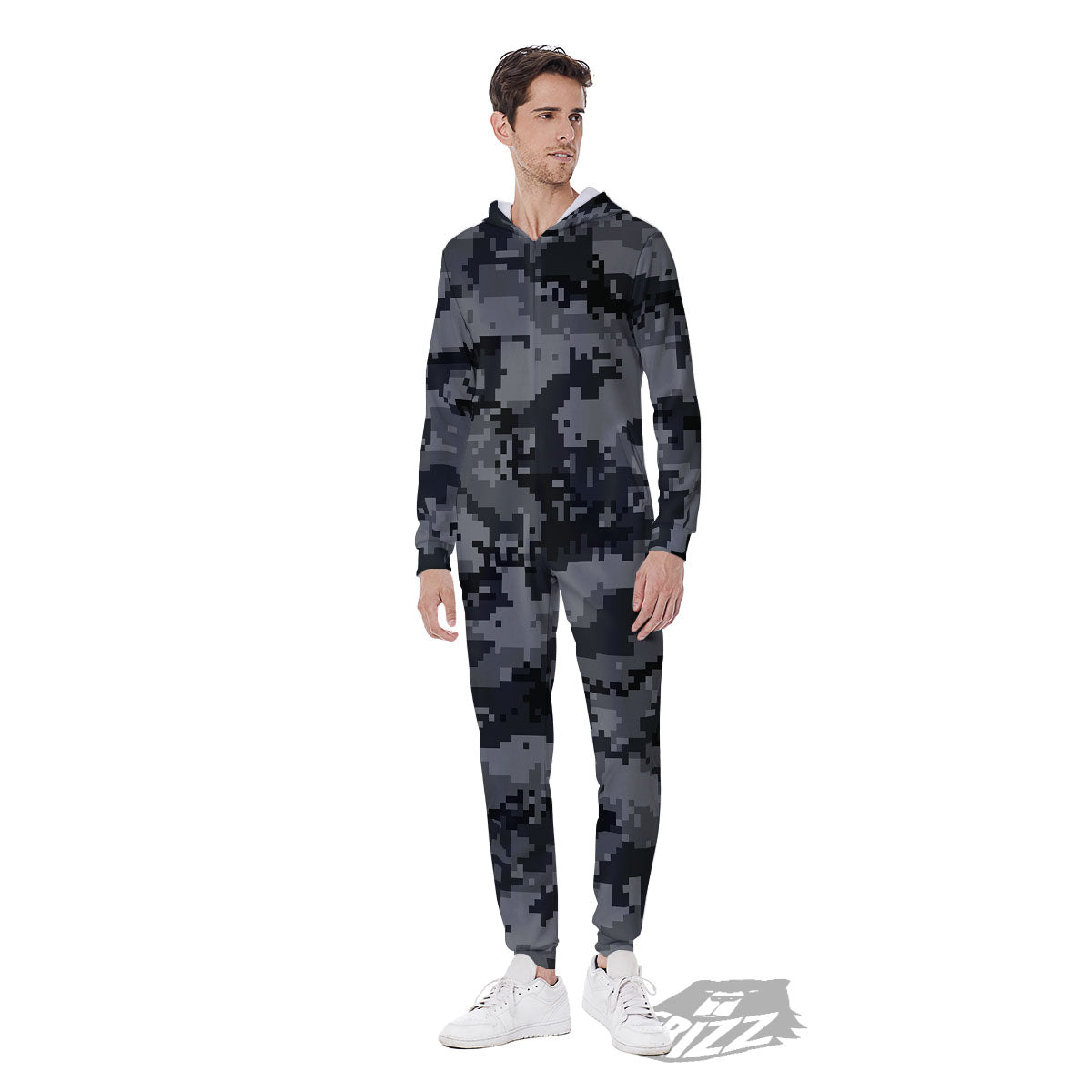 Digital Camo Grey And Black Print Men's Jumpsuit-grizzshop