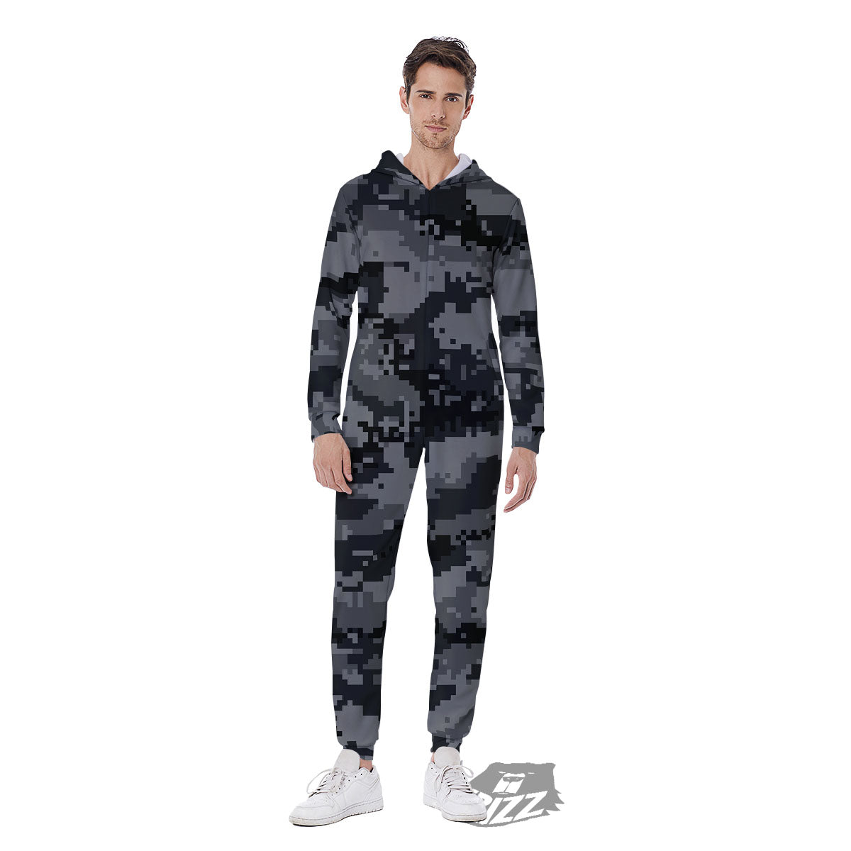 Digital Camo Grey And Black Print Men's Jumpsuit-grizzshop
