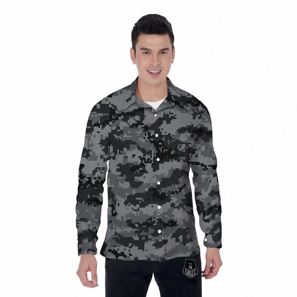 Digital Camo Grey And Black Print Men's Long Sleeve Shirts-grizzshop