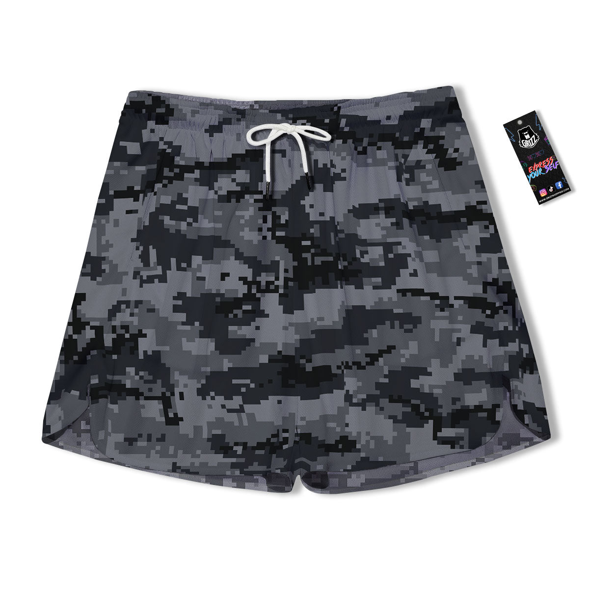 Digital Camo Grey And Black Print Men's Running Shorts-grizzshop
