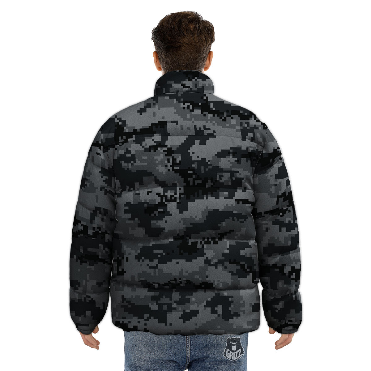 Digital Camo Grey And Black Print Puffer Jacket-grizzshop