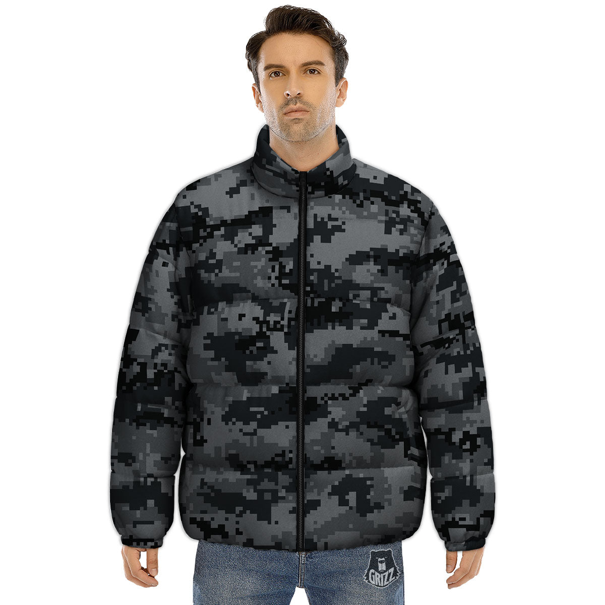 Digital Camo Grey And Black Print Puffer Jacket-grizzshop