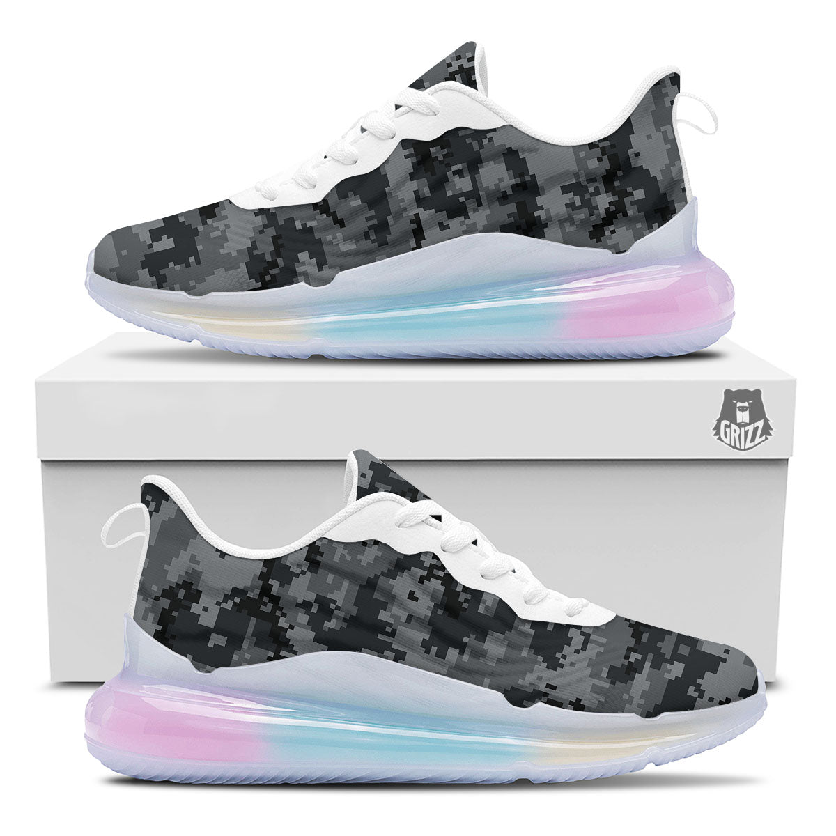 Digital Camo Grey And Black Print Running Sneakers-grizzshop