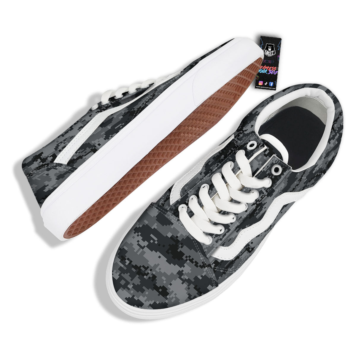 Digital Camo Grey And Black Print Skate Shoes-grizzshop