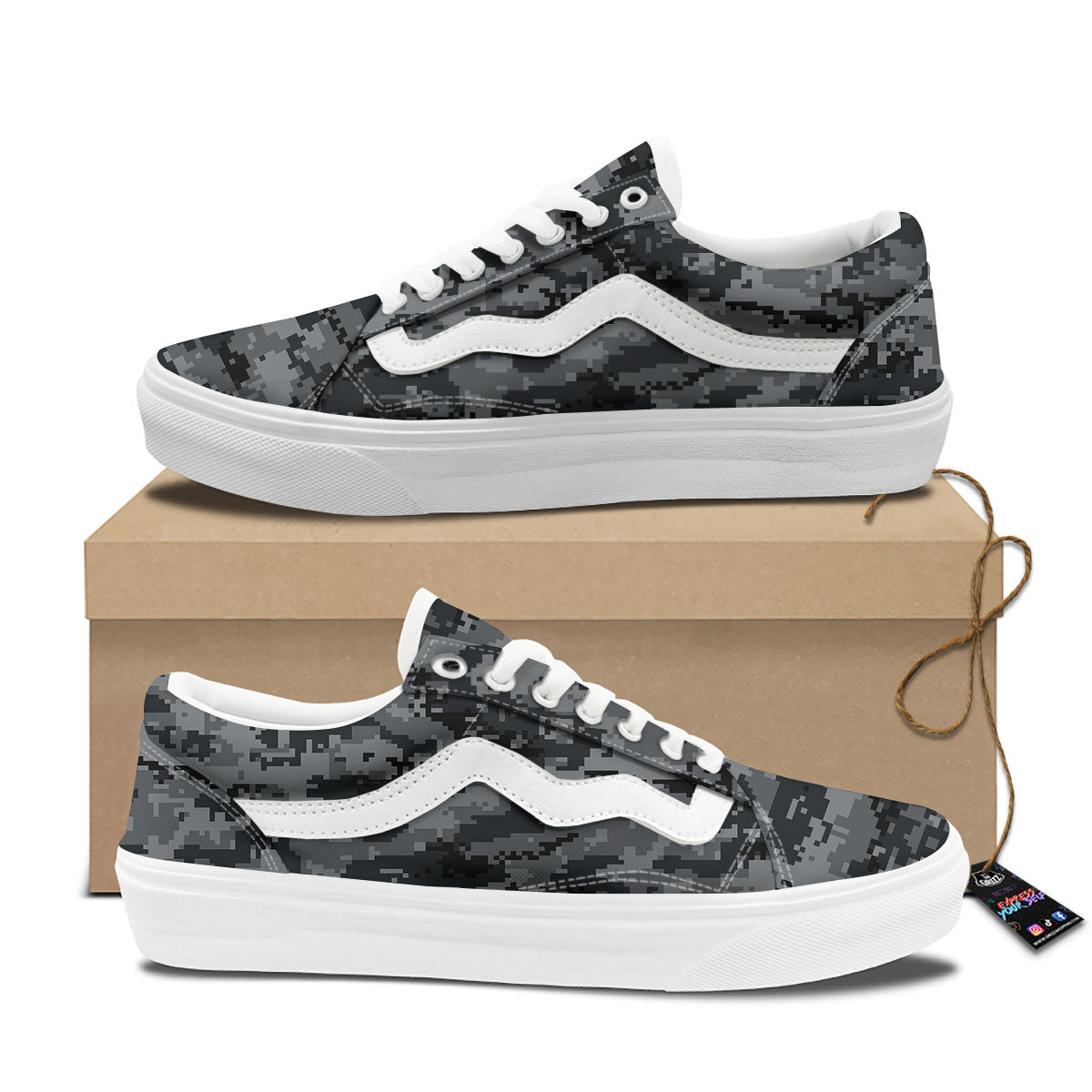 Digital Camo Grey And Black Print Skate Shoes-grizzshop