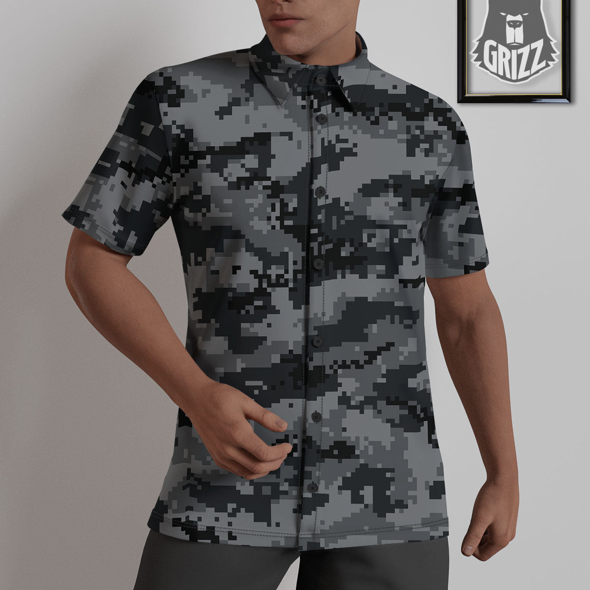 Digital Camo Grey And Black Print Untucked Shirts-grizzshop