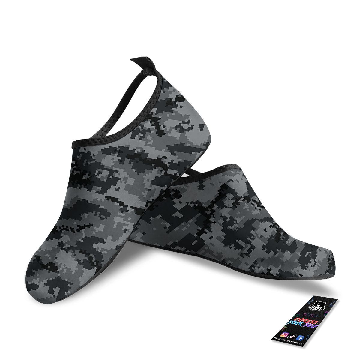 Digital Camo Grey And Black Print Water Shoes-grizzshop