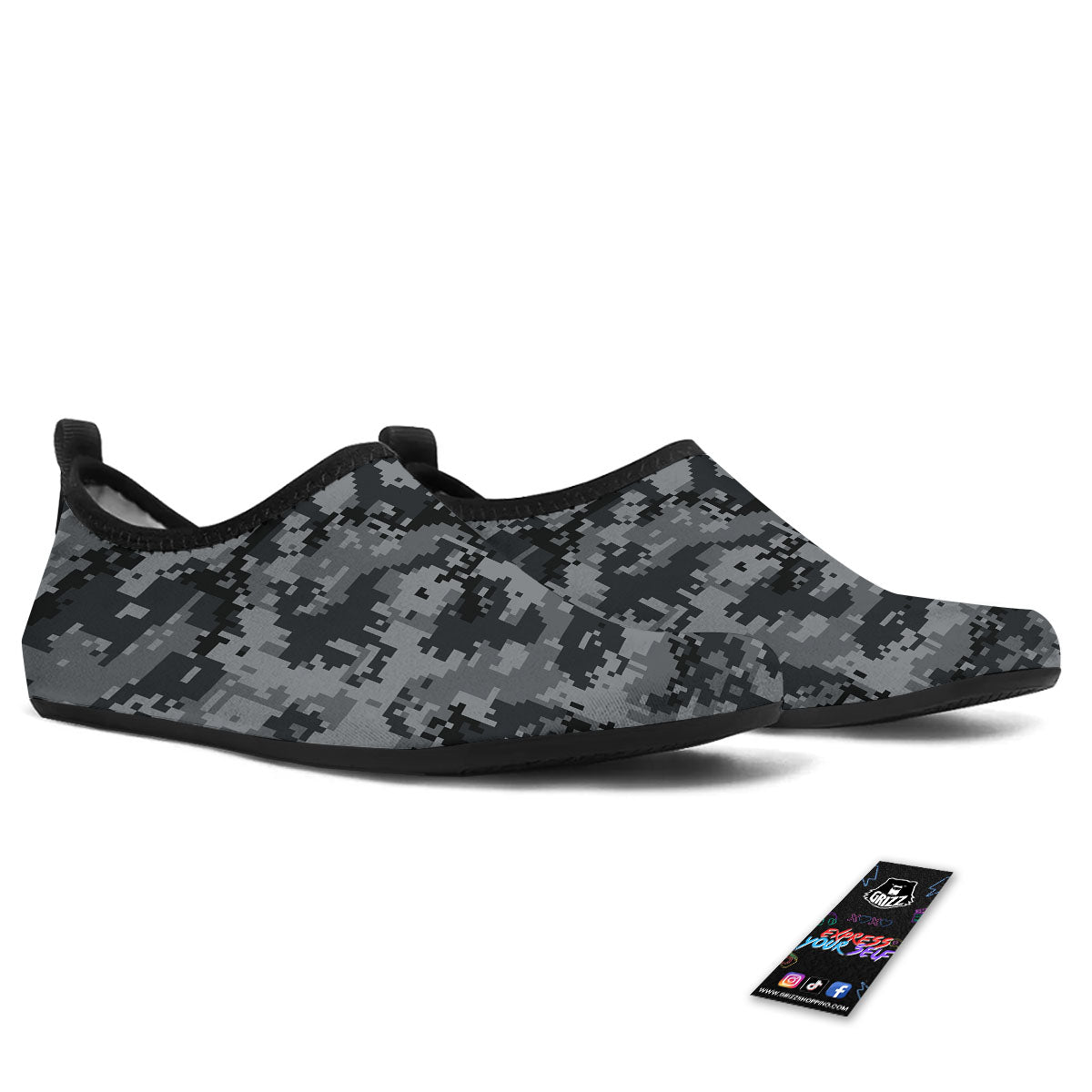 Digital Camo Grey And Black Print Water Shoes-grizzshop