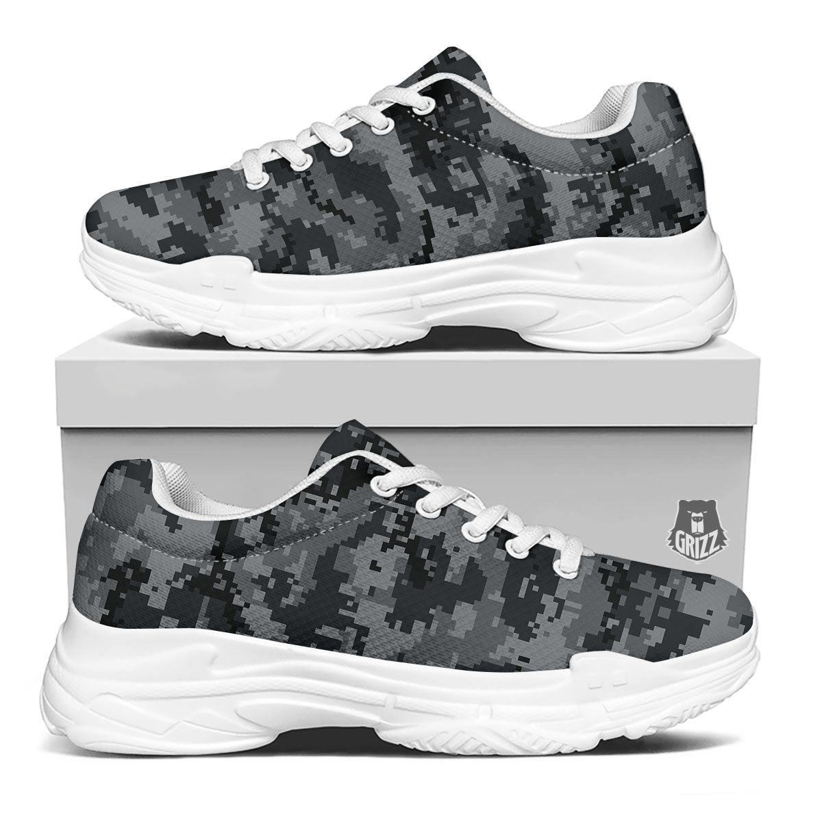 Digital Camo Grey And Black Print White Chunky Shoes-grizzshop