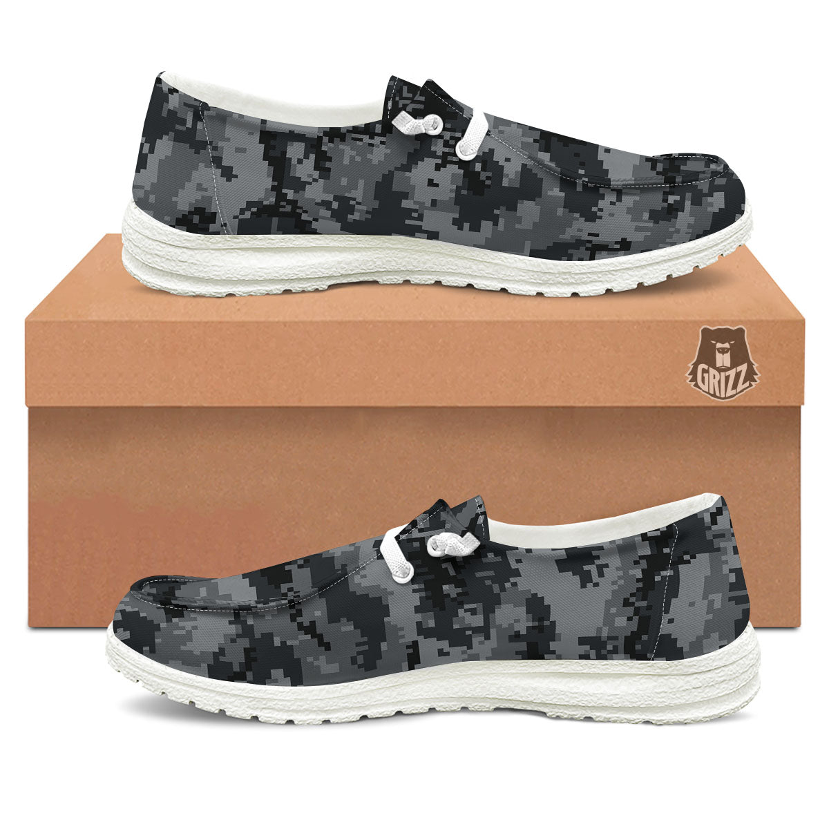 Digital Camo Grey And Black Print White Loafers-grizzshop