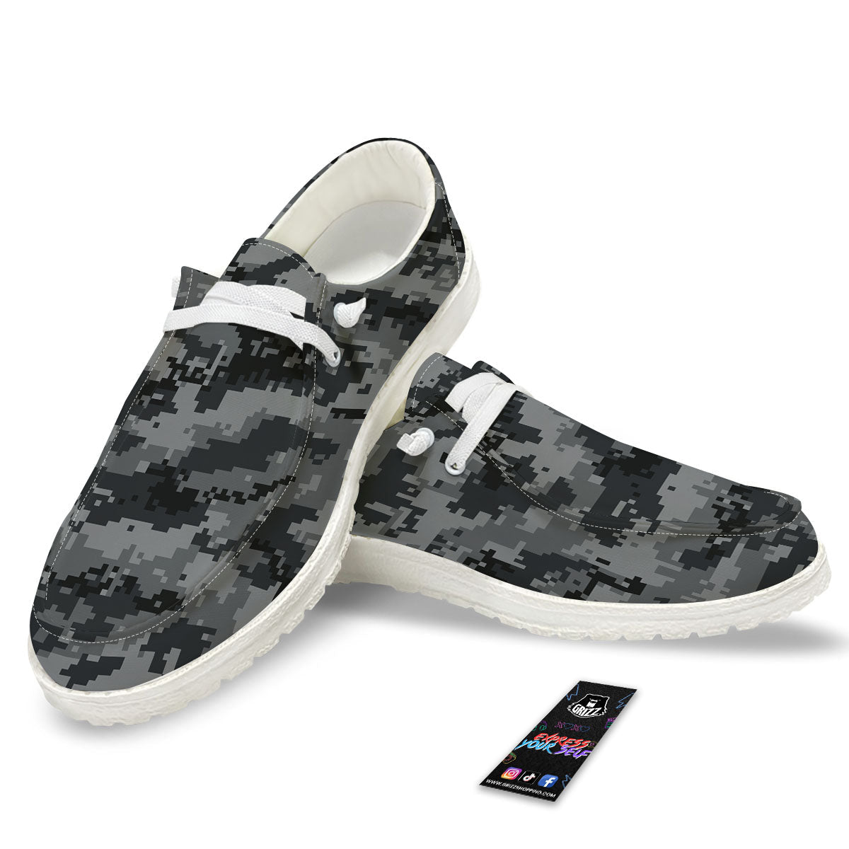 Digital Camo Grey And Black Print White Loafers-grizzshop