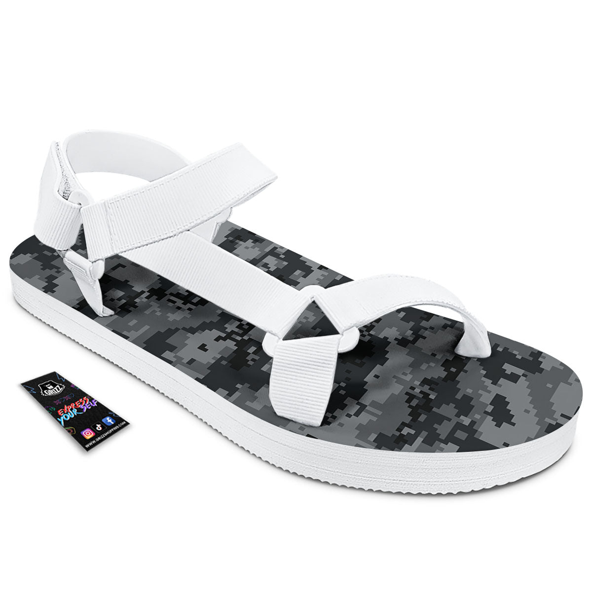 Digital Camo Grey And Black Print White Open Toe Sandals-grizzshop