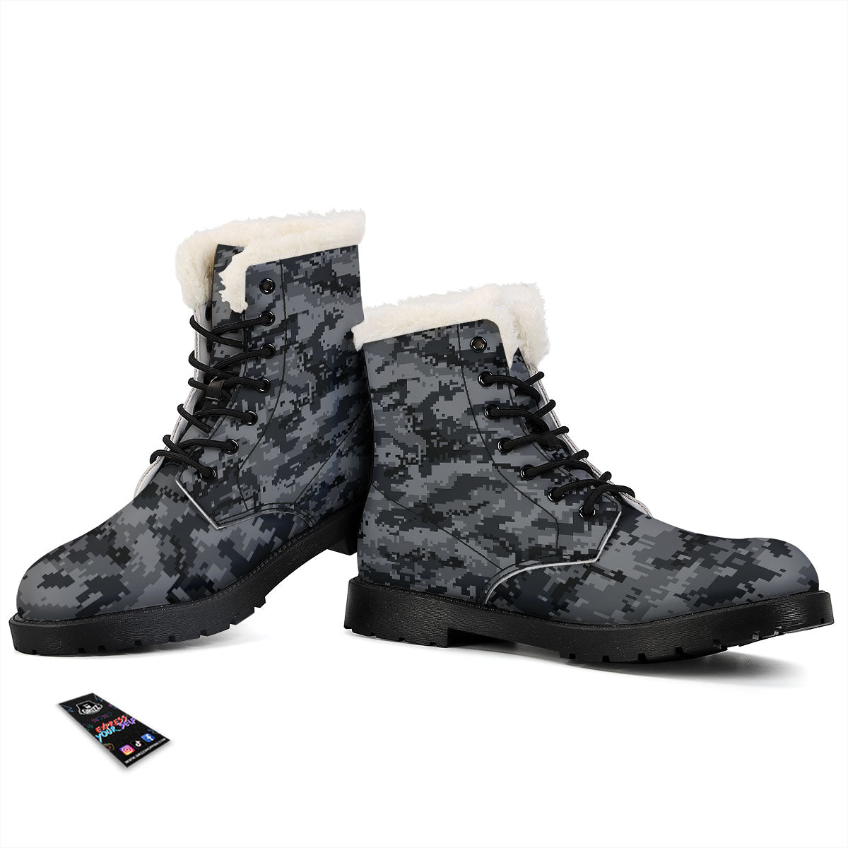 Digital Camo Grey And Black Print Winter Boots-grizzshop