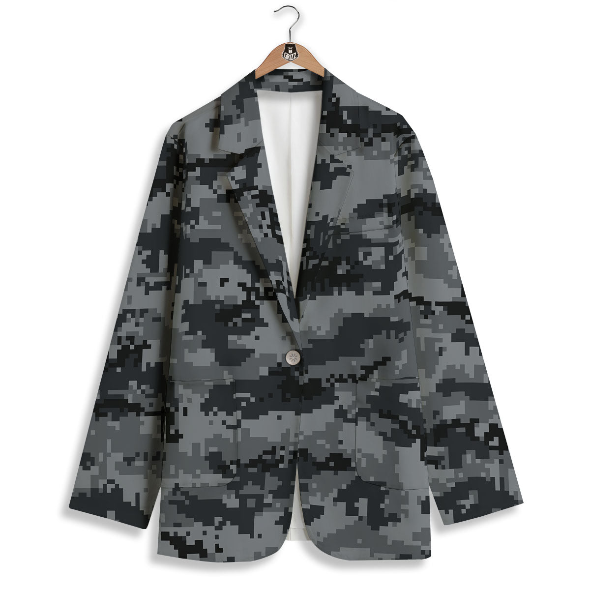 Digital Camo Grey And Black Print Women's Blazer-grizzshop