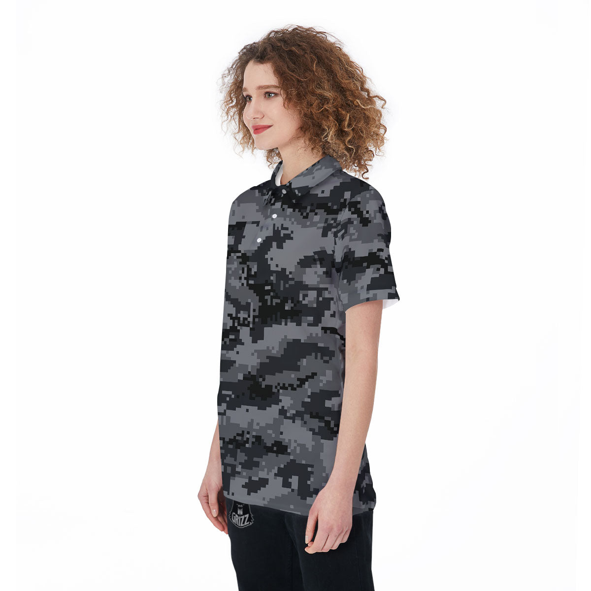 Digital Camo Grey And Black Print Women's Golf Shirts-grizzshop