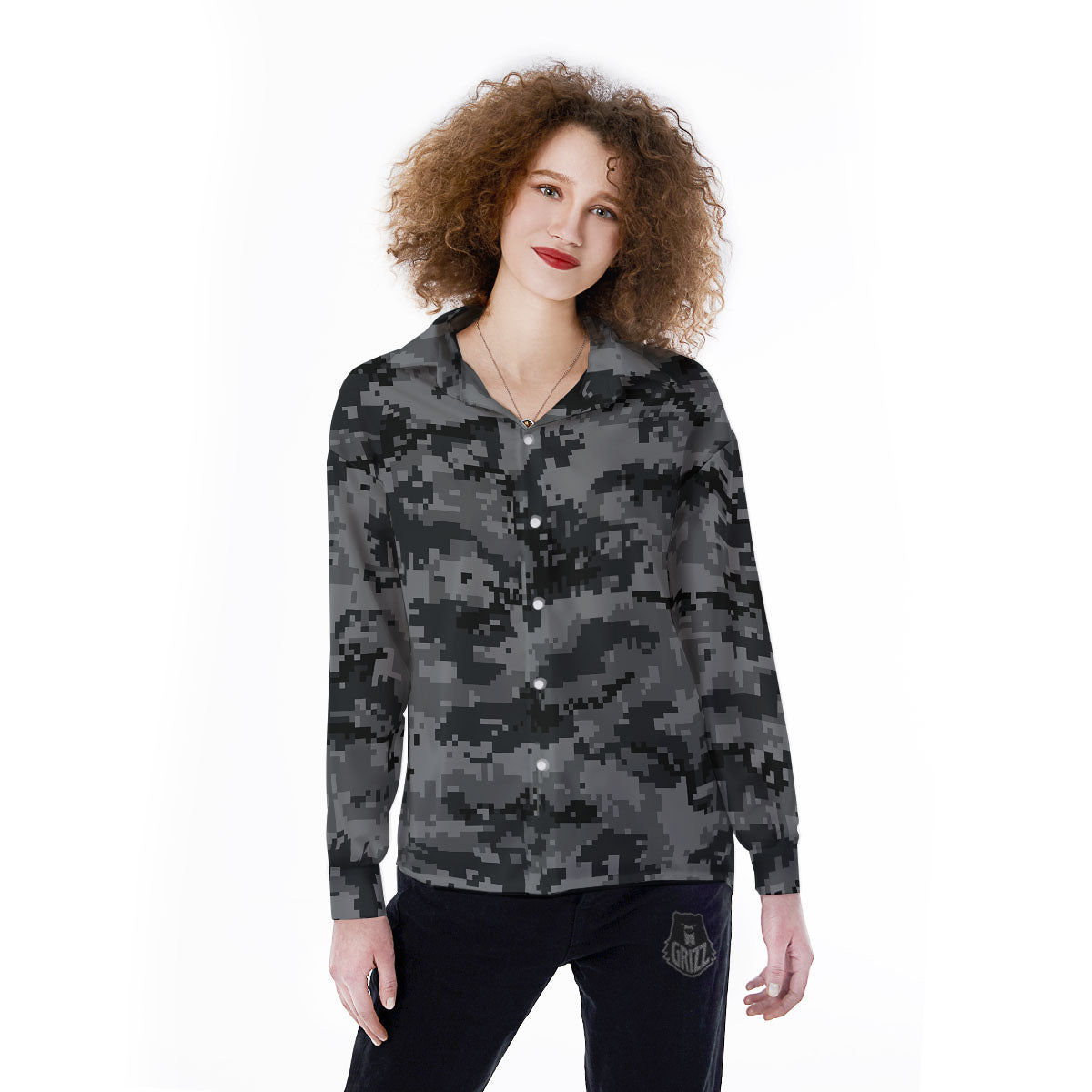 Digital Camo Grey And Black Print Women's Long Sleeve Shirts-grizzshop