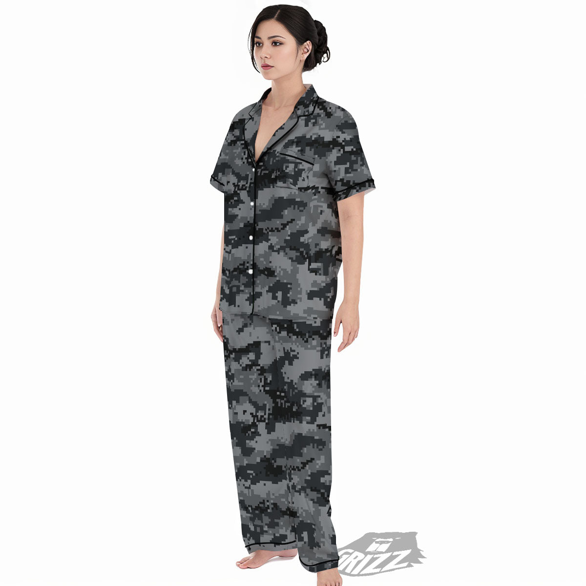 Digital Camo Grey And Black Print Women's Pajamas Set-grizzshop