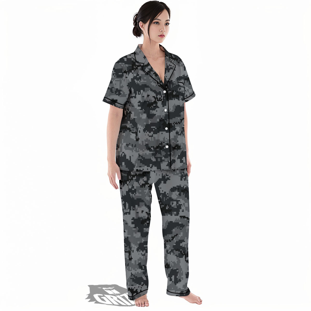 Digital Camo Grey And Black Print Women's Pajamas Set-grizzshop