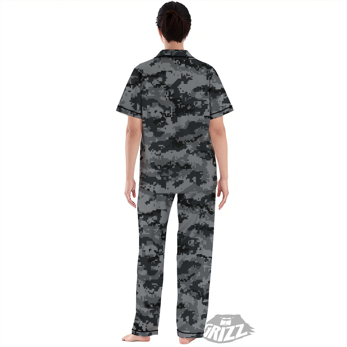 Digital Camo Grey And Black Print Women's Pajamas Set-grizzshop