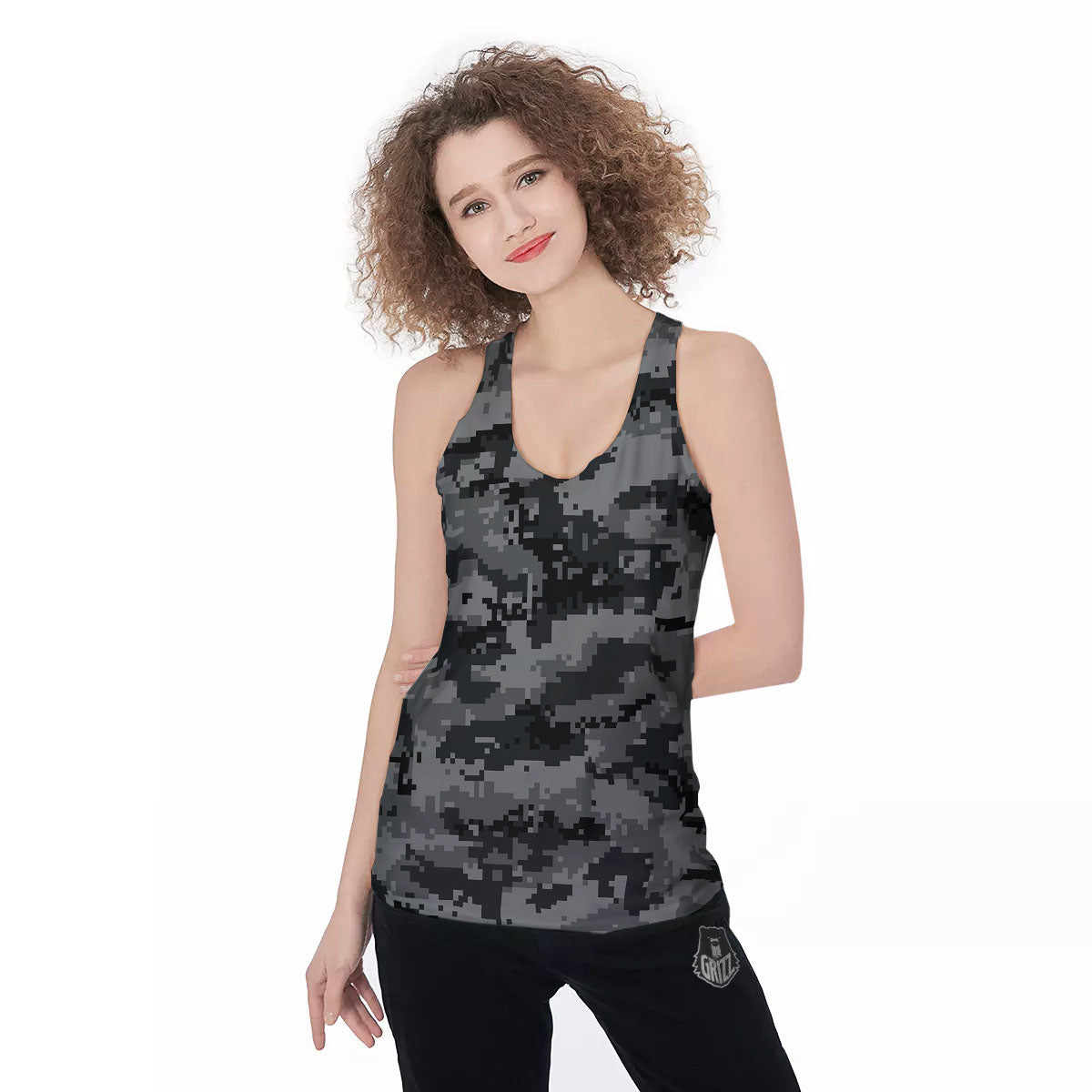 Digital Camo Grey And Black Print Women's Racerback Tank Top-grizzshop
