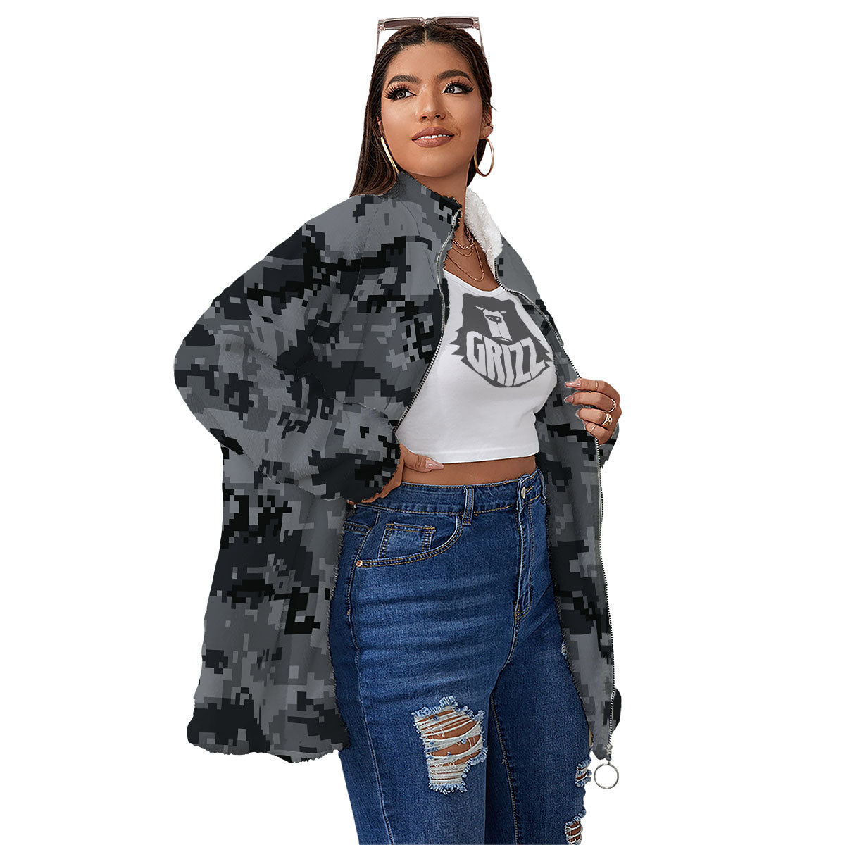 Digital Camo Grey And Black Print Women's Sherpa Jacket-grizzshop