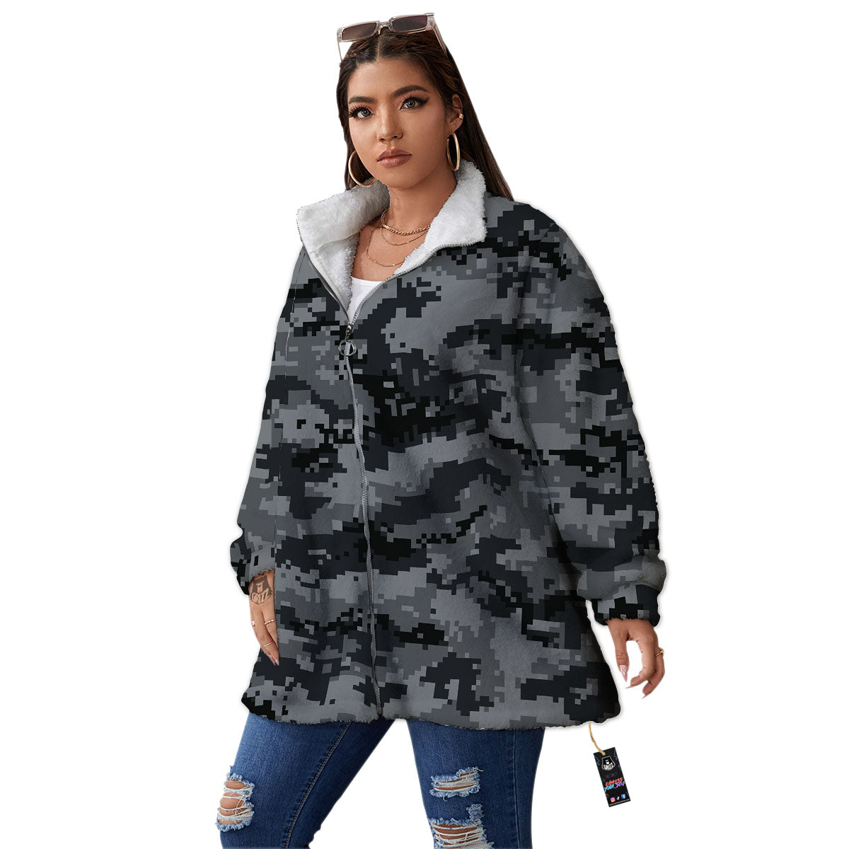 Digital Camo Grey And Black Print Women's Sherpa Jacket-grizzshop