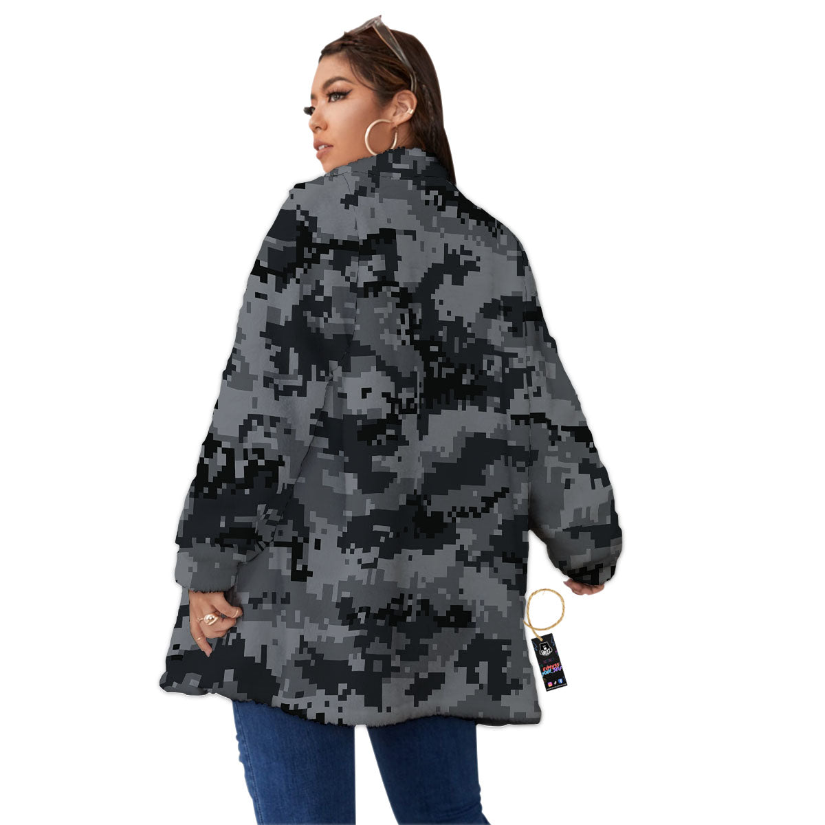 Digital Camo Grey And Black Print Women's Sherpa Jacket-grizzshop